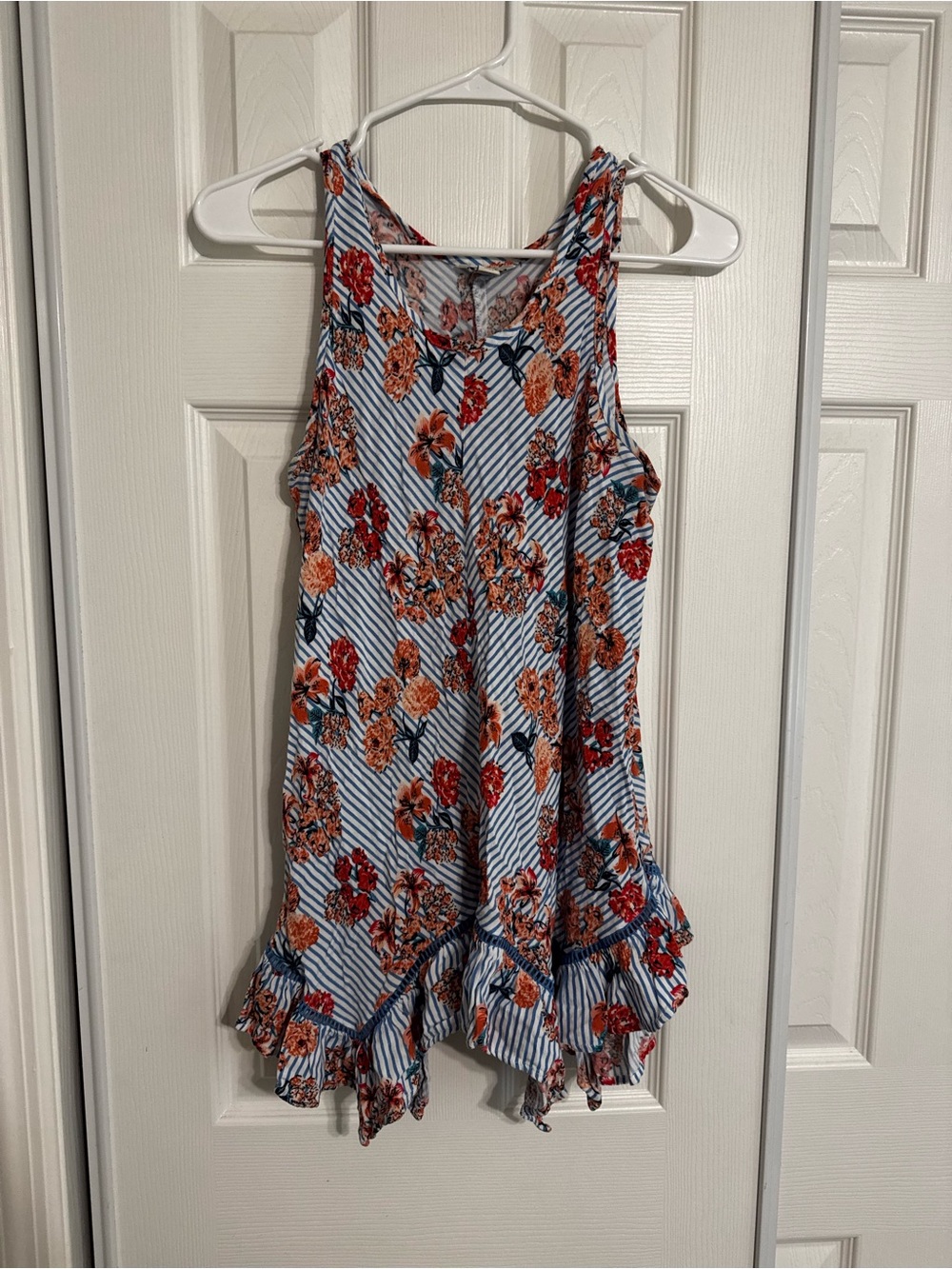 Floral Ruffle Hem Sleeveless Blouse - Blue with Orange Floral